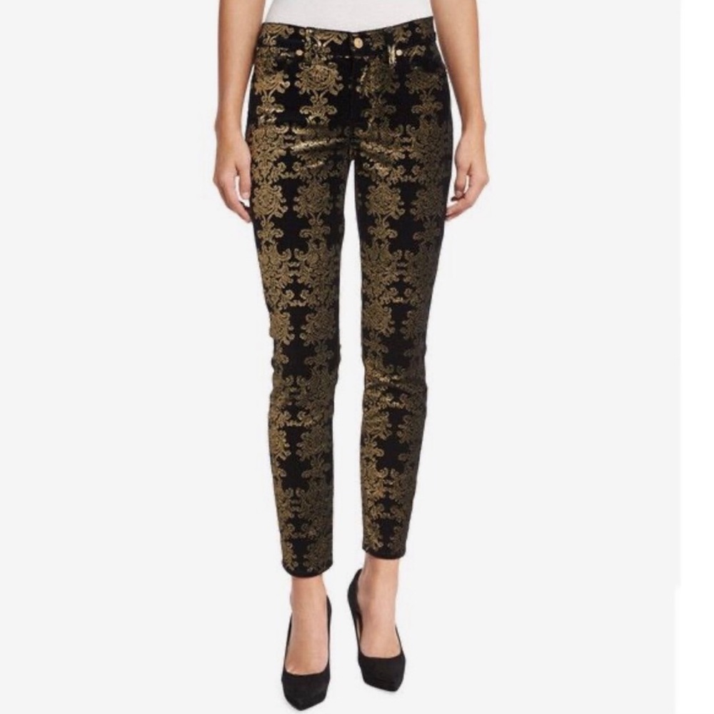 7 For All Mankind - Women's Skinny Velvet Gold Baroque Brocade Print Pants - 28